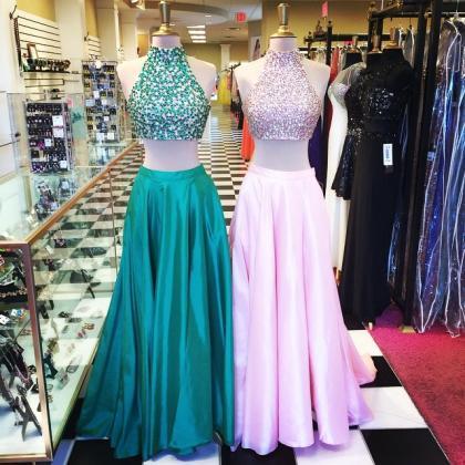 S76 Two Piece Beads Long Green Prom Dress With..