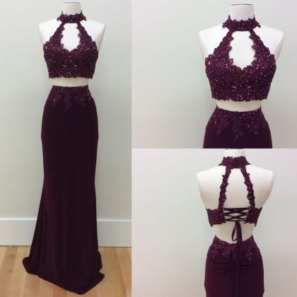 S233 Two-piece High Neck Burgundy Long Prom Dress..
