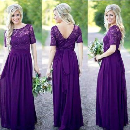 A125 Lace Top Chiffon Skirt Bridesmaid Dresses With Short Sleeves