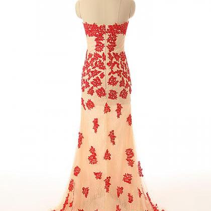 A42 Sweetheart Red Lace Appliques Mermaid Evening..
