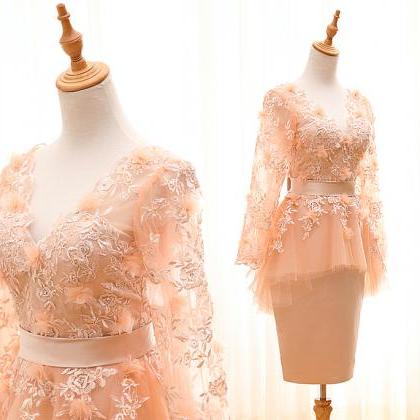 A50 Short Pink Lace Long Sleeve Homecoming Dress,..