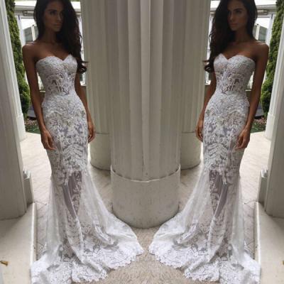 S114 Charming Sheath Column Sweetheart Sweep Train Lace Wedding Dresses with Appliques,Luxury Wedding Dress,Handmade Wedding Bridal Gowns,Wedding Dress