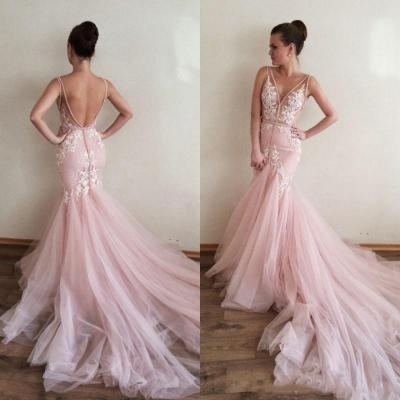 S377 Blush Pink Mermaid Wedding Dresses, Vintage Wedding Dresses, Long Train Tulle Wedding Dresses, Pink Wedding Gowns,Mermaid Pink Prom Dresses,Wedding Dress