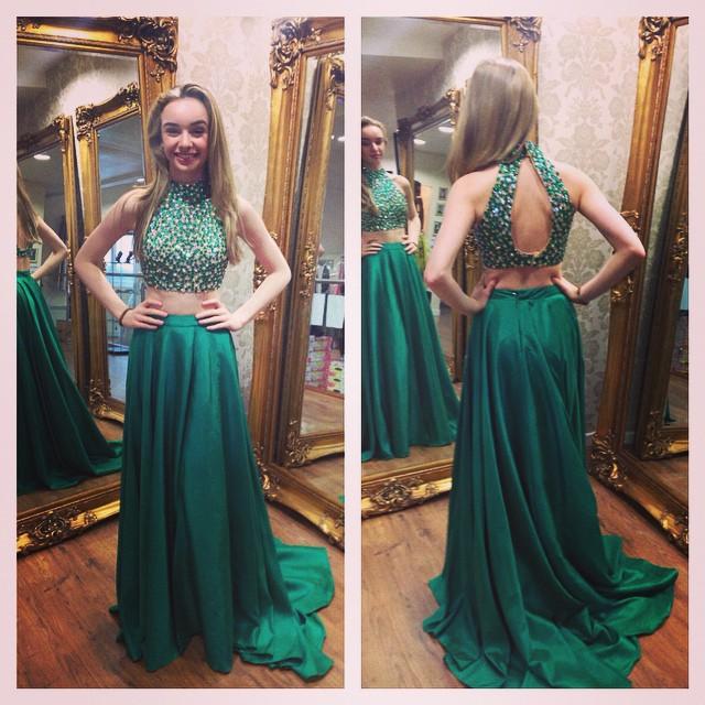 S76 Two Piece Beads Long Green Prom Dress With Open Back,2 Pieces Prom Dress,green Satin Prom Dress