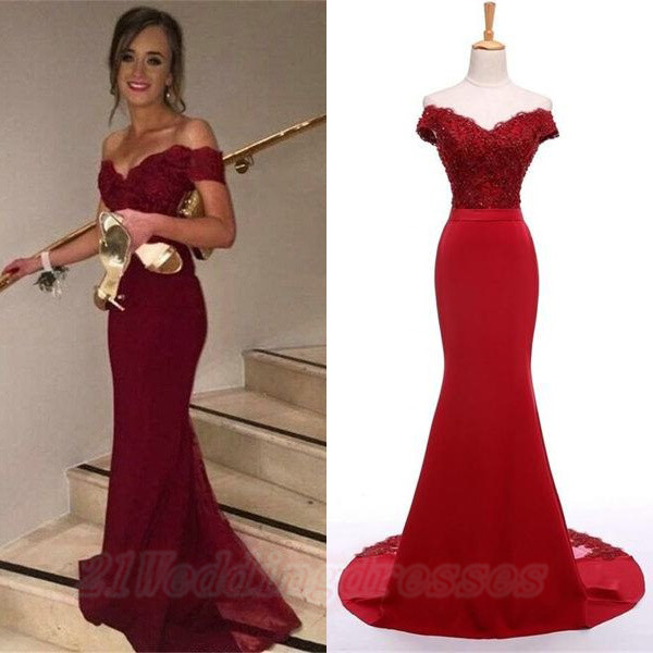 burgundy off the shoulder prom dress