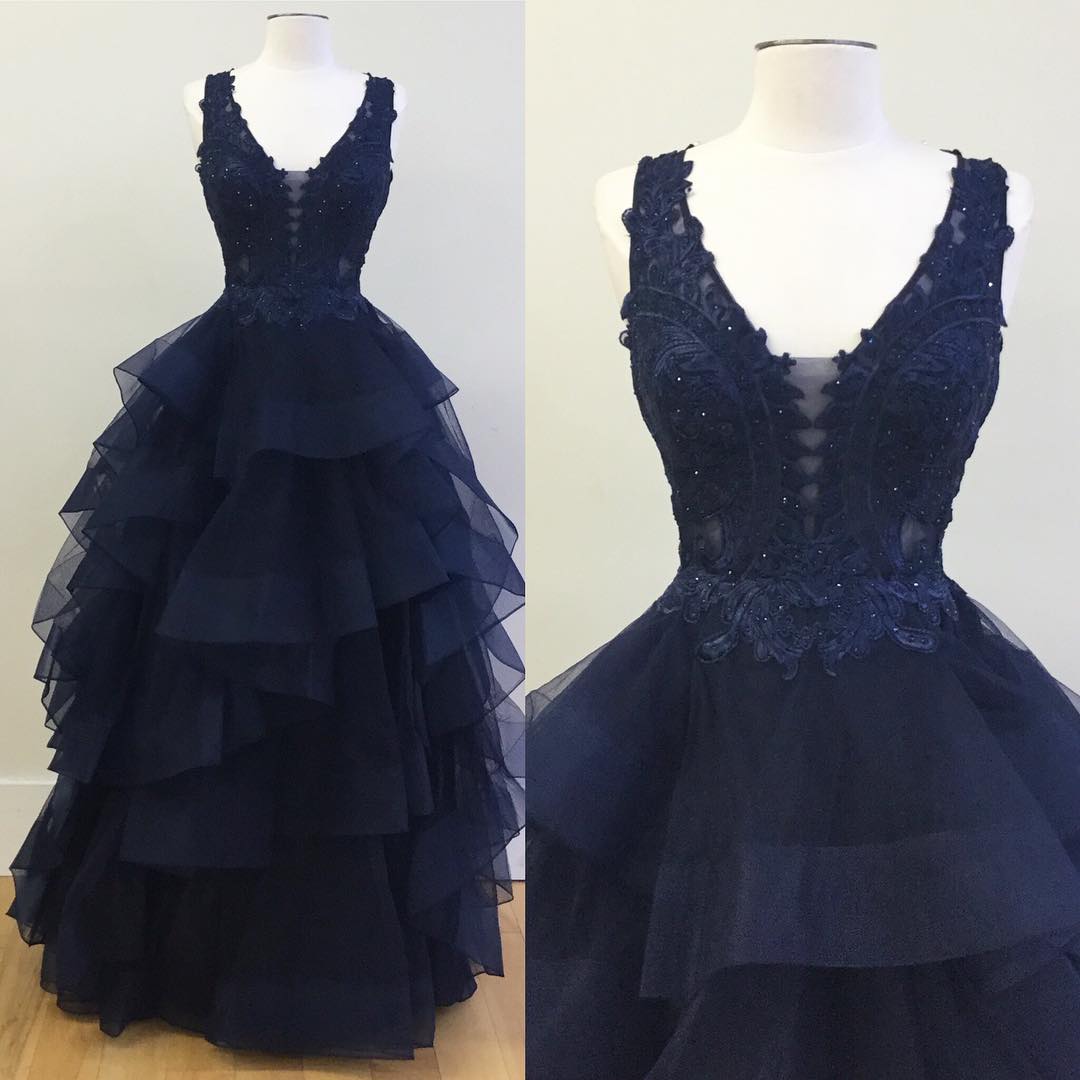 S183 Selling A-line V-neck Navy Blue Tulle Long Prom Dress With Beading,real Photo Dress,lace Appliques Evening Dress,layers Prom Gowns,prom