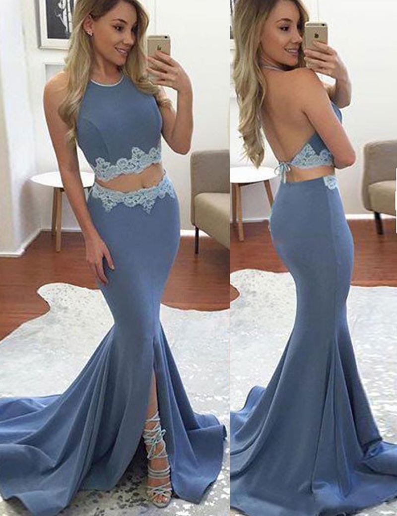 S210 Lavender Two-piece Halter Split Front Mermaid Backless Prom Dress With Lace,prom Dress,satin Evening Dress,mermaid Prom Dress,evening Dress