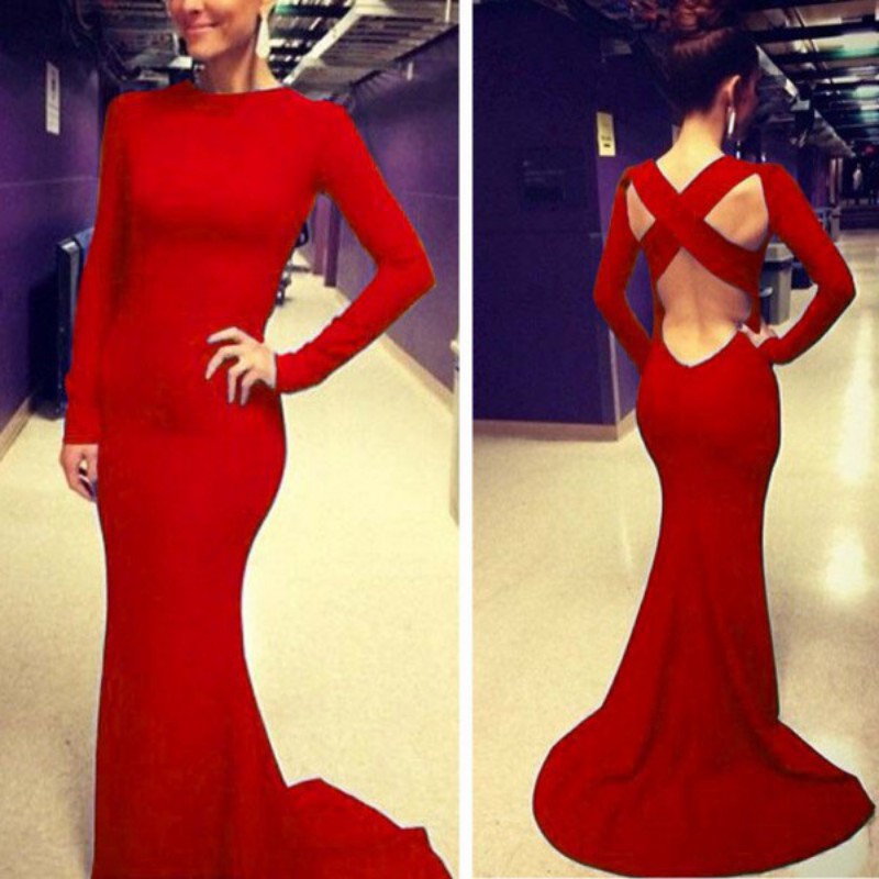 S239 New Red Long Prom Dresses Sexy Sweep Train Backless