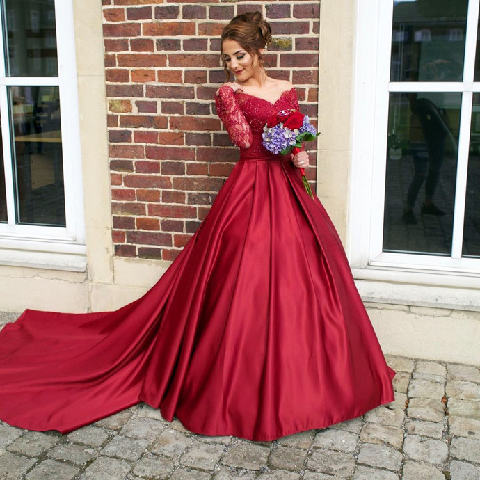 red off the shoulder long sleeve dress