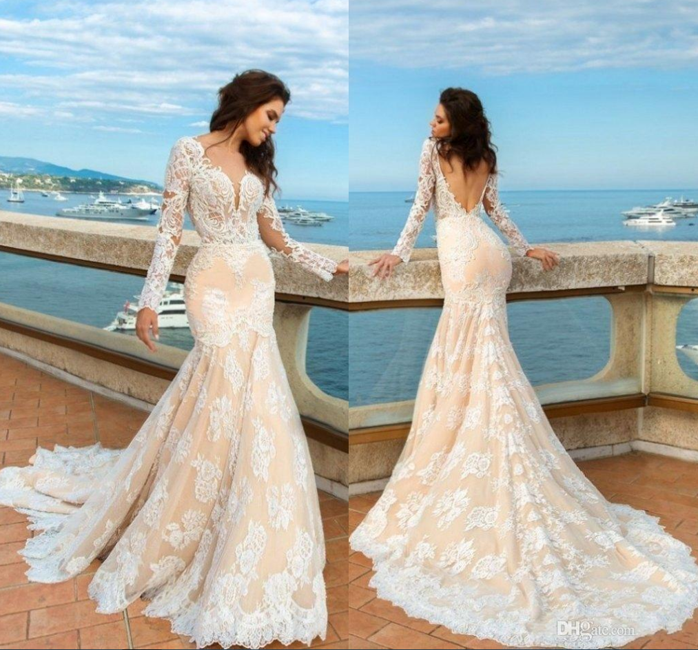 long sleeve lace open back mermaid wedding dress