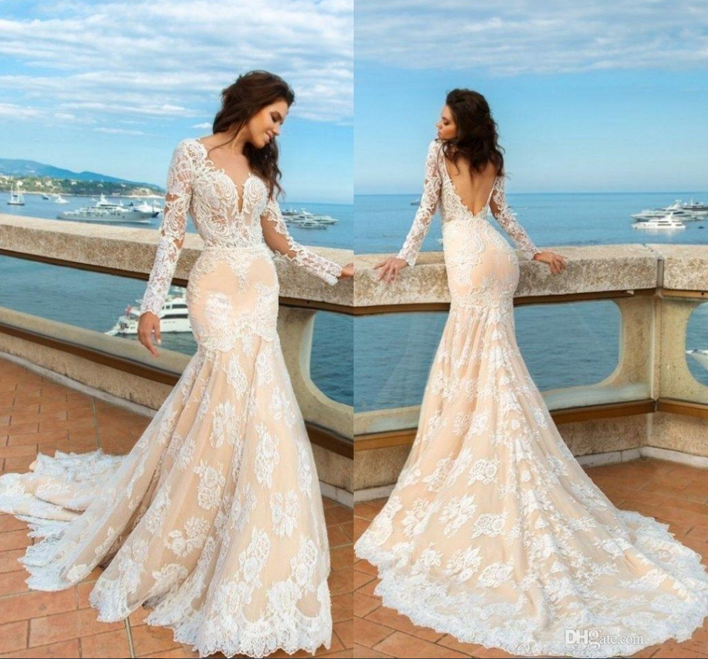 champagne long sleeve wedding dress