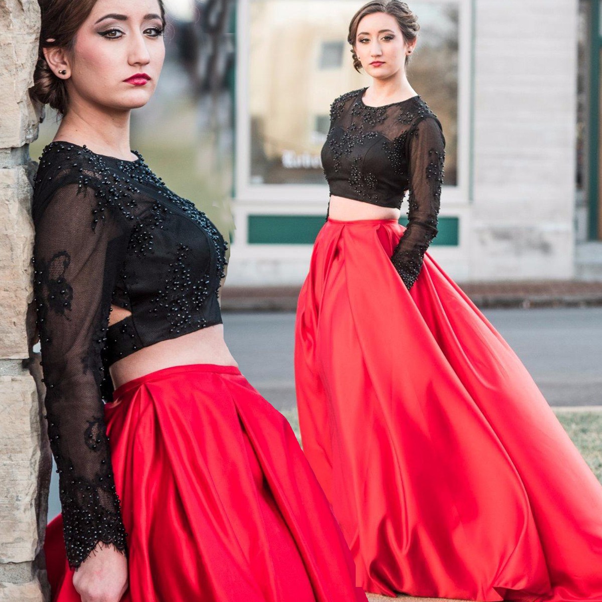 Red and black 2 piece store prom dress