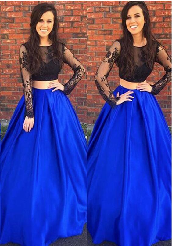 S506 Black And Royal Blue Prom Dresses Two Pieces Satin Long