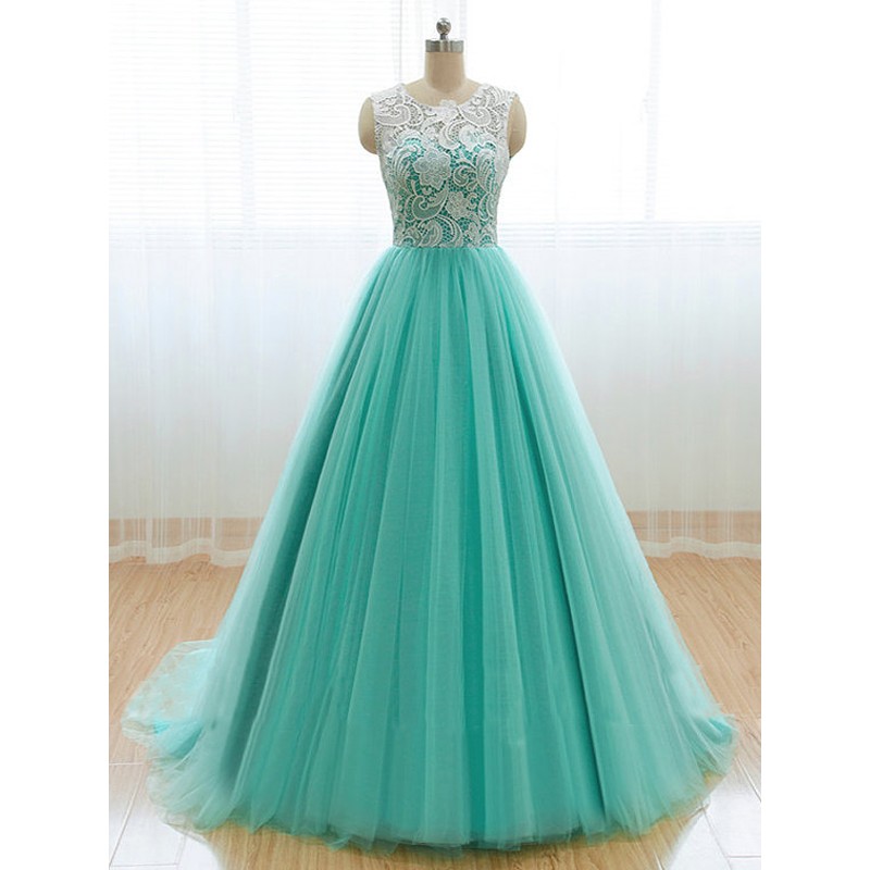 A Line Mint Green Lace Long Prom Dresses, Mint Green Lace Formal