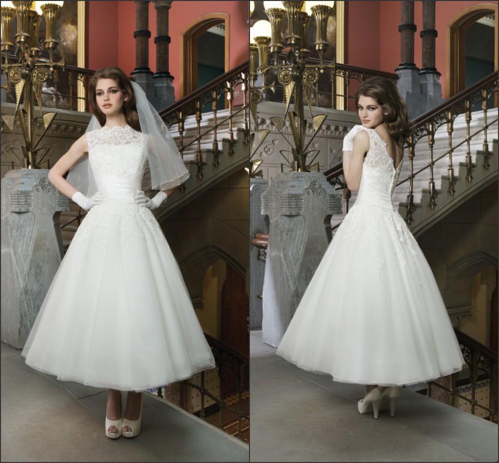 S610 High Neck Mid Length Wedding Dresses Women Vestido Novia Lace