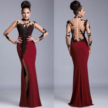Red Turtle Neck Long Sleeve Formal Dress