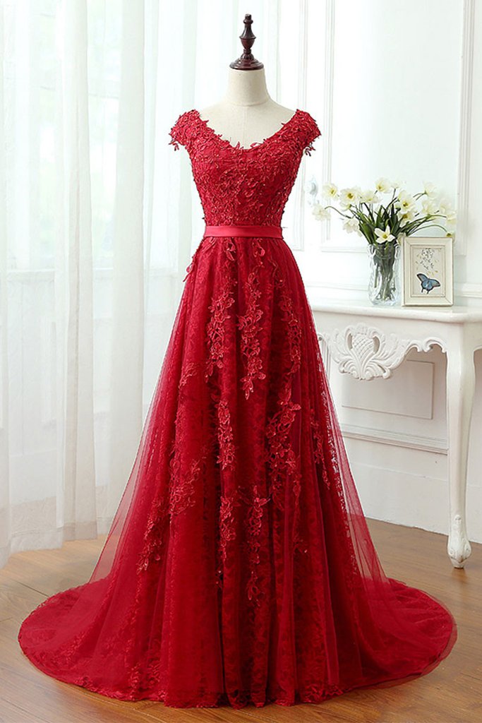 E418 Charming Red Tulle Applique Lace Prom Dress,long Cap Sleeve Evening Dresses,red Lace Prom Dresses