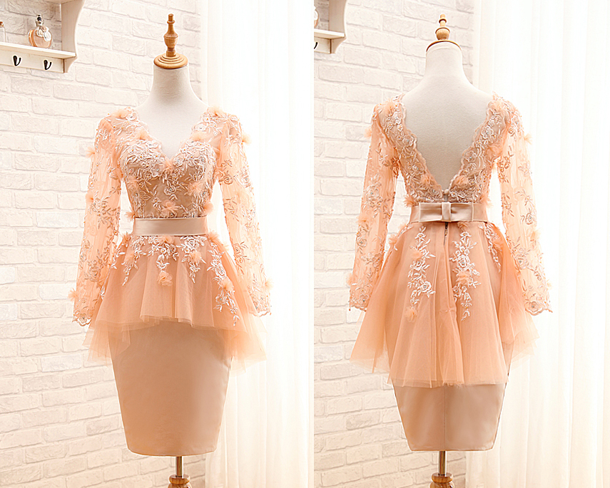A50 Short Pink Lace Long Sleeve Homecoming Dress, Evening Dress,mini Gowns