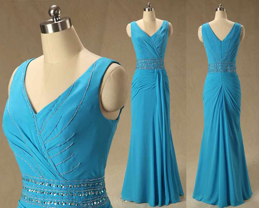 A59 V Neck Blue Long Mermaid Evening Gowns,empire Long Chiffon Bridesmaid Dress,simple Bridesmaid Dress