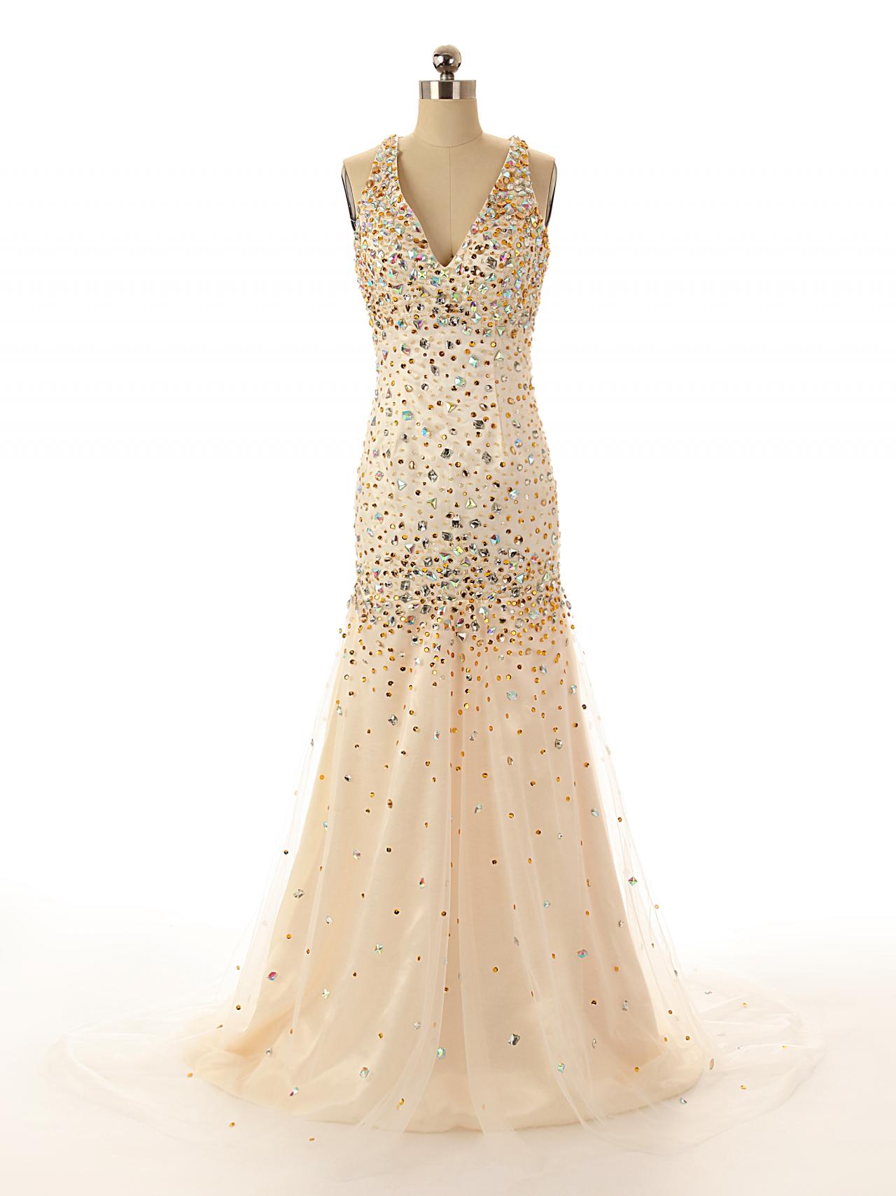 A70 V Neck Sleeveless Champagne Mermaid Evening Gowns,crystal Beaded ...