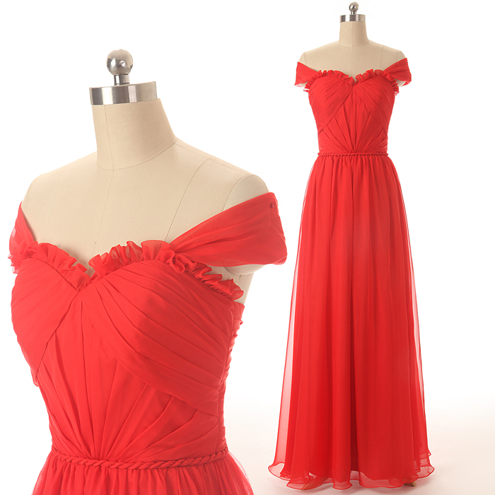 A75 Off The Shoulder A Line Long Red Prom Dress,empire Pleat Evening Dresses, Bridesmaid Dresses