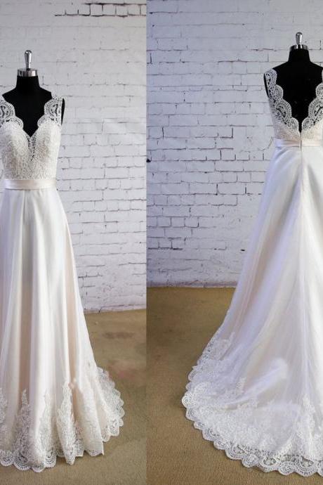 D275 Special Wheat Color Wedding Dress V-Neck Wedding Dress V-Back Lace A-line Bridal Gown Wedding Dresses